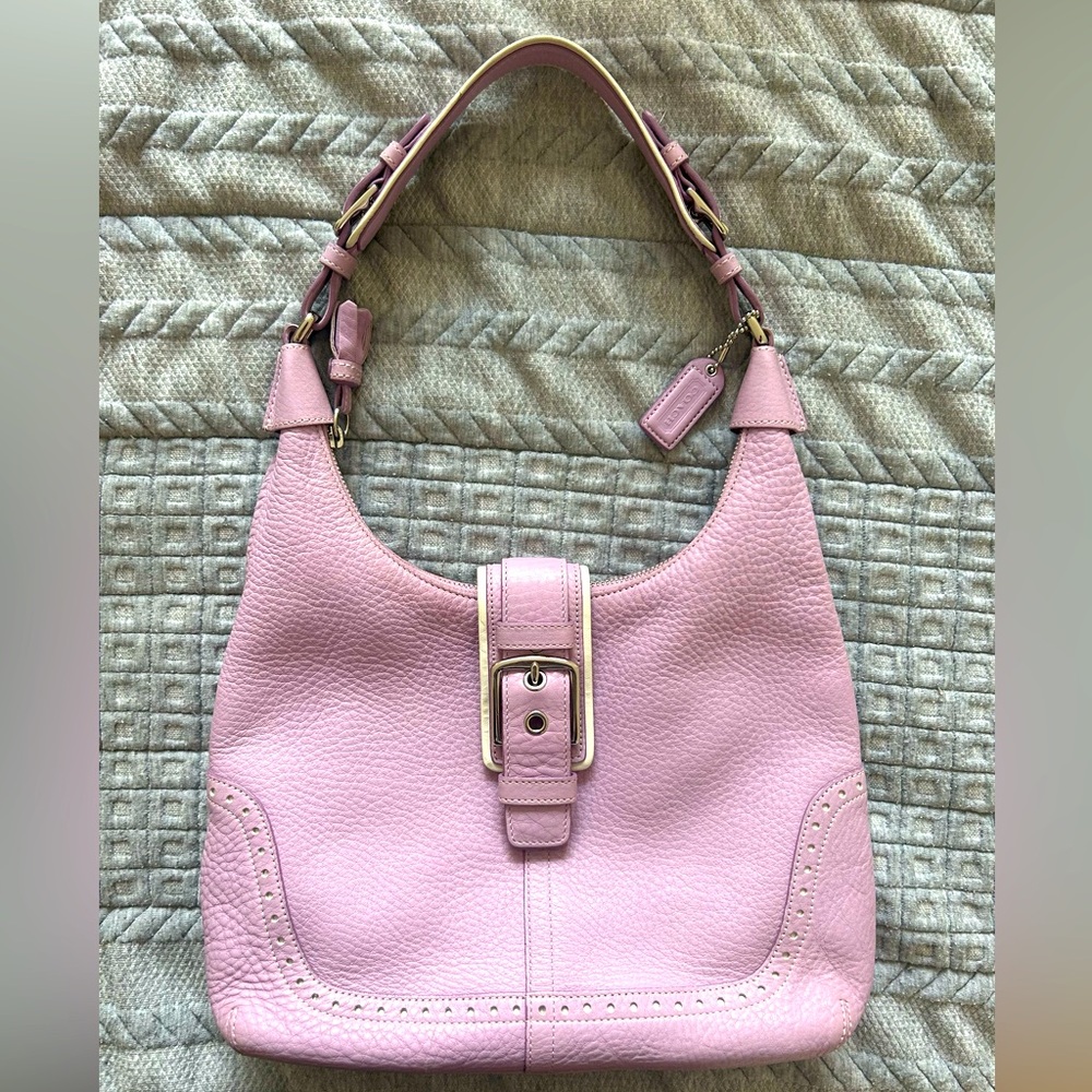 Pink Leather Shoulder Bag with Buckle Accent
